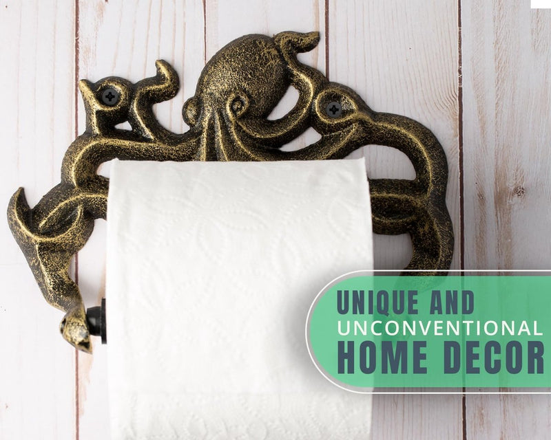 Decoratieve gietijzeren toiletpapierrolhouder Octopus decor voor badkamer Octopus nautische badkameraccessoires inclusief schroeven en pluggen - goud en zwart