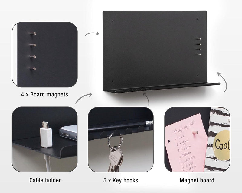 Magneetbord met magneten, sleutelorganizer, telefoonrek met houder voor kabel, 49 x 30 cm, kleur zwart