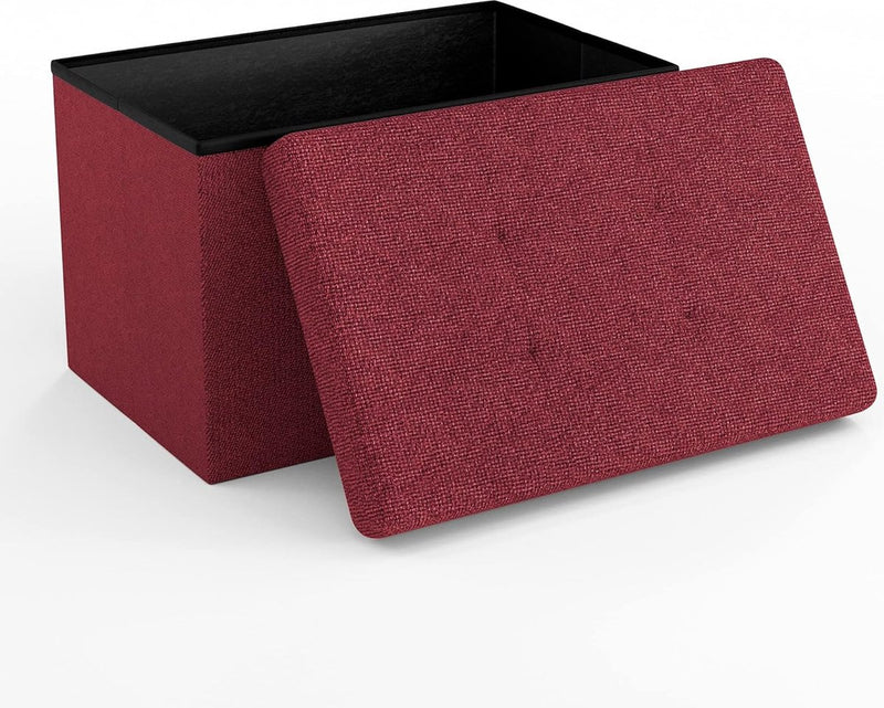 Opvouwbare zitbank, 49 x 30 x 30 cm, granaatrood, zitkubus met opbergruimte en deksel van stof met uitsparingen, zitkubus, voetensteun, opbergdoos, kist, zitkruk