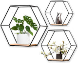 Set van 3 hexagon wandplanken, hangrek, metaal en hout, zwevend rek, wandopslag, organizer voor keukenrek, badkamer, slaapkamer, wanddecoratie (zwart)