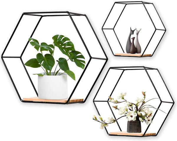 Set van 3 hexagon wandplanken, hangrek, metaal en hout, zwevend rek, wandopslag, organizer voor keukenrek, badkamer, slaapkamer, wanddecoratie (zwart)