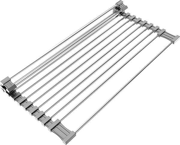 roestvrijstalen afdruiprek, opvouwbaar en afneembaar roestvrijstalen spoelbak, roldroogrek, roldroogrek, afvoergaasmand, 43 cm x 35 cm, grijs