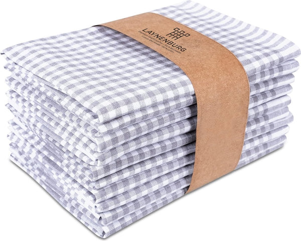 Set van 10 premium theedoeken, geruit, 100% katoen, 45 x 65 cm & ophanghaakjes, Öko-Tex-standaard 100, keukendoeken, pluisvrij en modern, vintage keukenhanddoeken, grijs