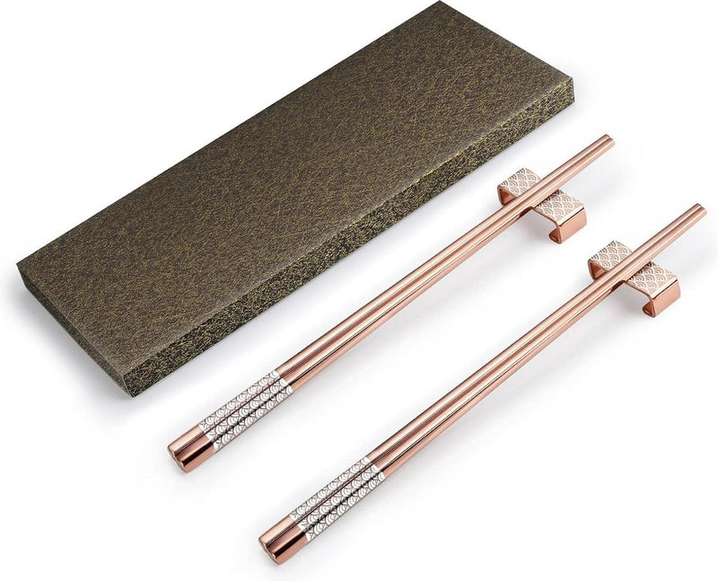 Metalen eetstokjes herbruikbaar 2 paar titanium roestvrijstalen eetstokjes met houder, vaatwasmachinebestendig, lichte eetstokjes in Japanse stijl, cadeauset (roségoud)