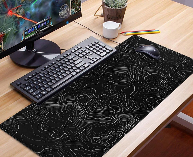 Muismat Zwart Minimalistisch Topografische Kaarten Bureau-onderlegger, wasbare muismat XXL Gaming met gestikte randen voor toetsenbord, pc-muis en laptop 800x350mm