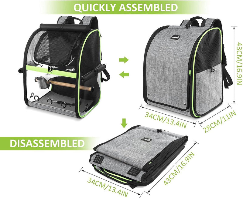 Rugzak voor vogels met houten stok, lichtgewicht vogeltransporttas, waterdichte papegaaienreisrugzak met roestvrijstalen bakje en staande staaf, vogeltransportdoos, 34 x 28 x 43 cm