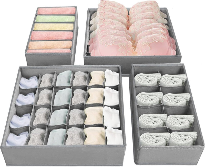 Ondergoedorganizer, set van 4, opvouwbare kledingkastorganizer, lade-opbergsysteem voor sokken, stropdassen, beha's en babykleding, grijs