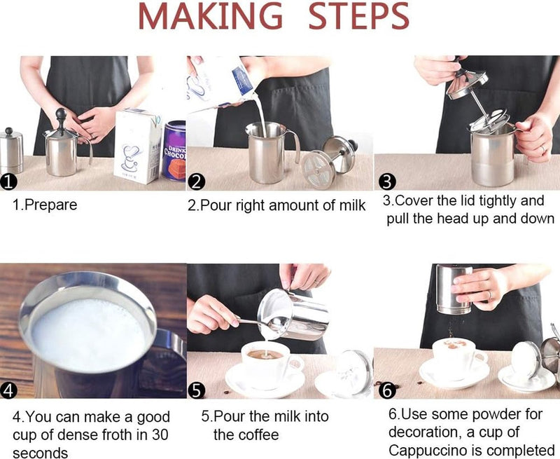 melkopschuimer 400 ml / 800 ml roestvrij staal handschuimer voor handmatige melkopstelling, schuim mengkraan met twee mazen, ideaal voor koffie, latte, warme chocoladekoffie, cappuccino, opschuimer, 800ml