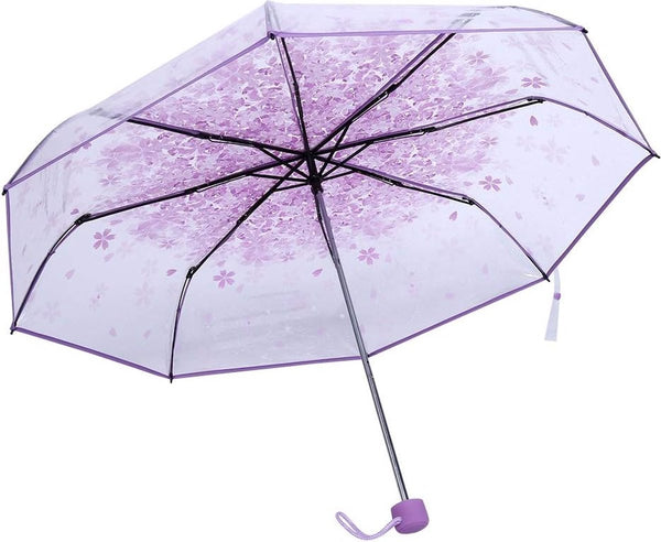 Sakura Zakparaplu, transparante paraplu met bloemen, zakparaplu, prinsessenkap, patroon, bloemen, licht, doorzichtig, windbestendig, reisparaplu, diameter 93 cm, lichtpaars