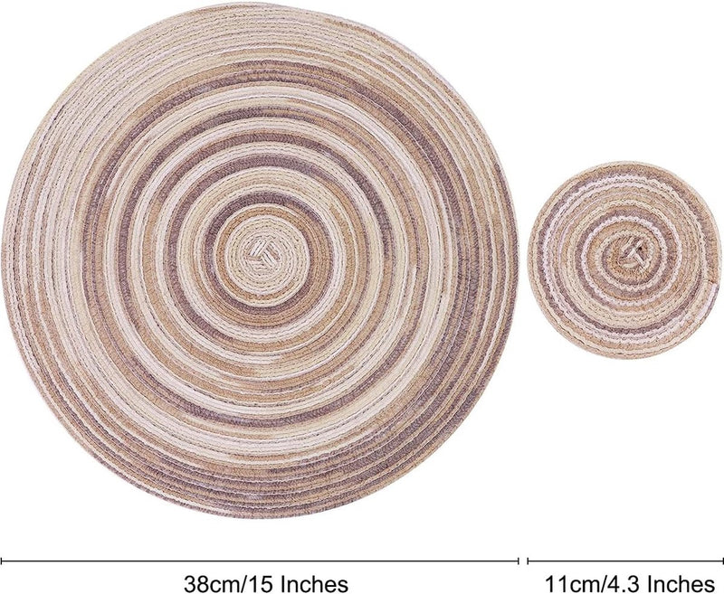 Geweven ronde placemats met 8, 38 cm placemats van katoen en 11 cm onderzetter, hittebestendige wasbare placemats voor keuken, eettafel (grijs)