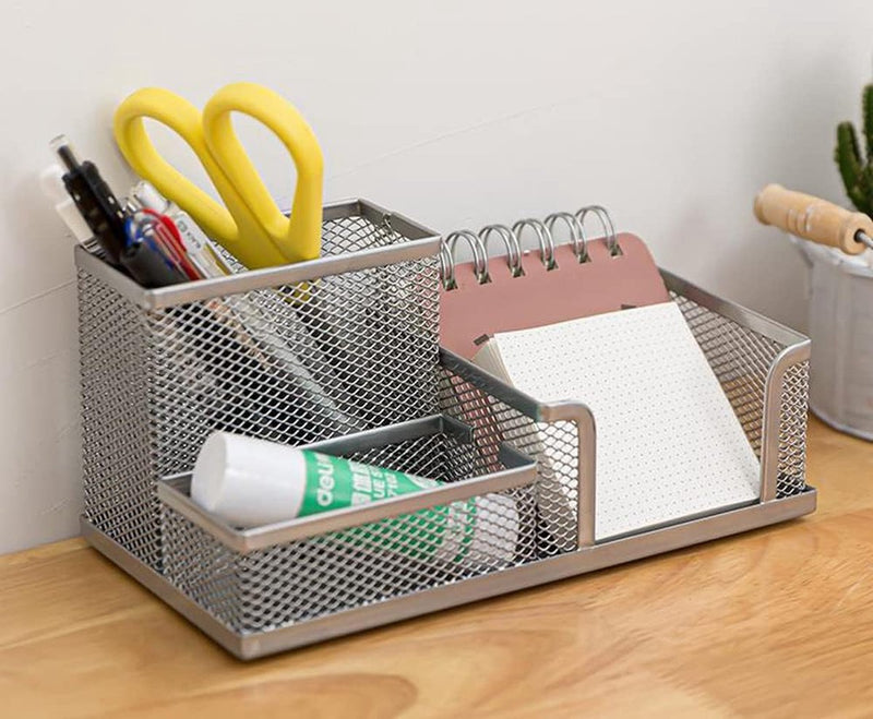 Kinderen potloodhouder draad metaal kantoor pennenhouder penorganisator vierkant metalen gaas kantooropslag kaptafel (zilver)