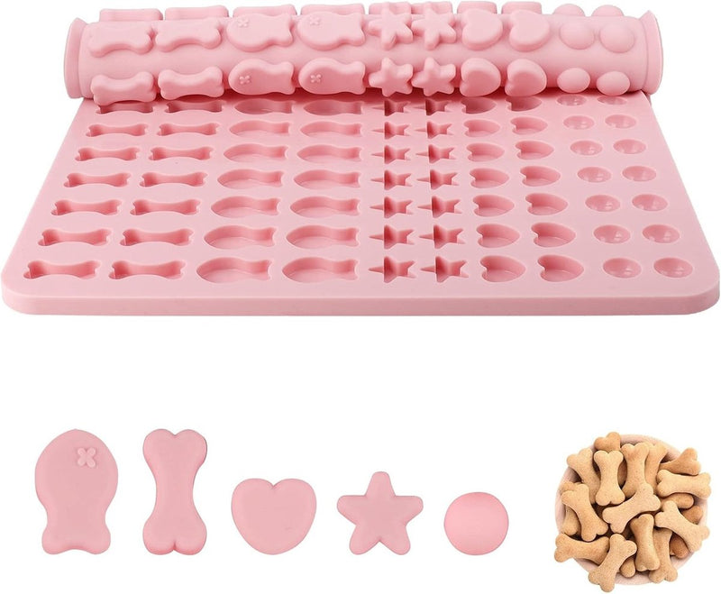 Bakmat, hondenkoekjes, siliconen bakmat, hondenlekkernij, 5 vormen in 1, BPA-vrije bakonderlegger, bakvorm voor doe-het-zelf hondenkoekjes en lekkernijen (130 rasters, halve bol, vissen, botten, ster,