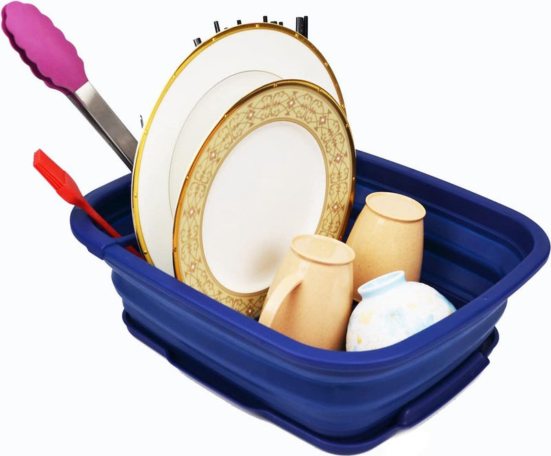 Opvouwbare plastic afdruiprek met afdruiprek, 8L opvouwbare afdruiprekset - draagbare schotelorganizer - ruimtebesparend keukenrek (koningsblauw, 1)