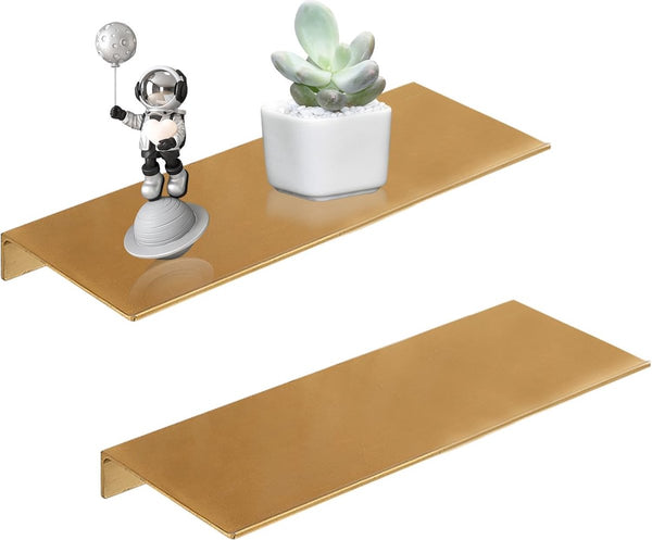 Wandplank, goudkleurig metaal, wandrek met schroeven, 2 stuks, aluminium, wandplank, zwevend rek, klein, voor badkamer, slaapkamer, keuken, decoratieve fotolijst