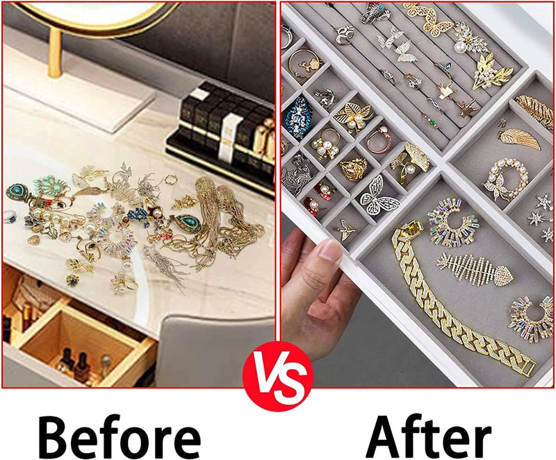 Sieradenopbergdoos, lade, sieradenorganizer, sieradendienblad, stapelbaar, sieradenorganizer voor sieraden, lade-inzet, opbergsysteem, oorbellen, armband, ringen, 4 stuks, grijs