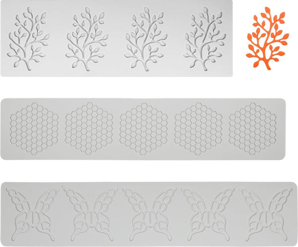 3 stuks puntvormige matte siliconen vormen, fondant, boomblad, kanten fondant-vormen voor suiker, kinderen