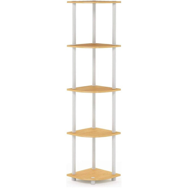 Turn-N-Tube 5-laags hoekdisplay, multifunctionele boekenkast, opbergplank, ronde buis, beukenhout/wit, 29,5 x 29,5 x 146,6 cm