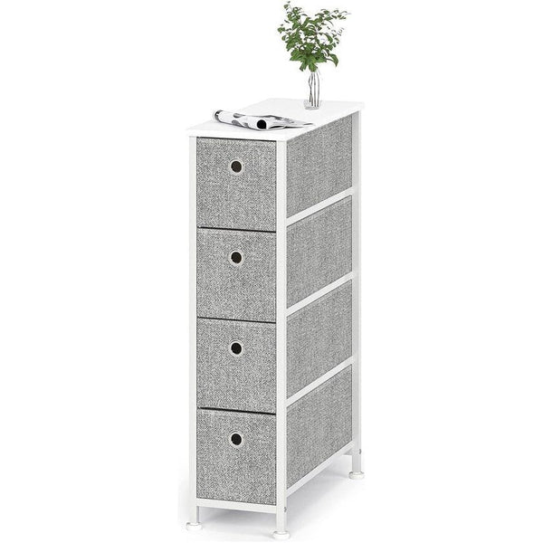 Kast, smalle commode met 4 laden van stof, kasten, organizer, metaal, smal opbergsysteem, ruimtebesparend voor woonkamer, slaapkamer, kantoor, keuken, slaapzaal, hout, staal, wit en grijs