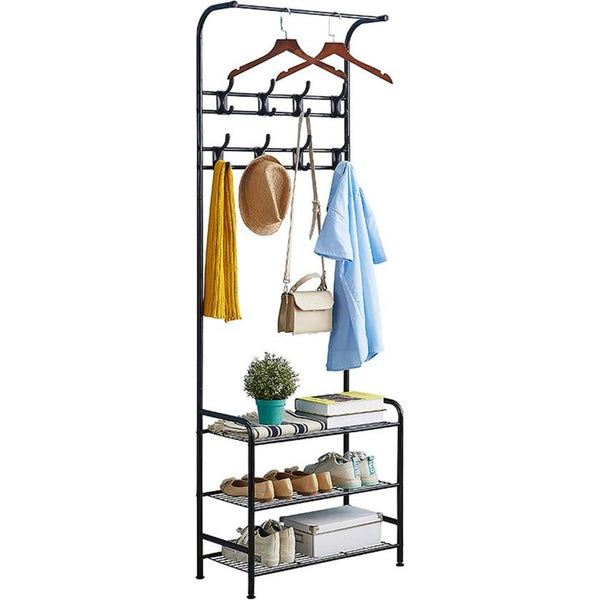 Gaderobe kapstok met haken, robuuste metalen kledingstandaard, kapstok met bank, multifunctioneel kledingrek voor de slaapkamer, kapstok met schoenenrek