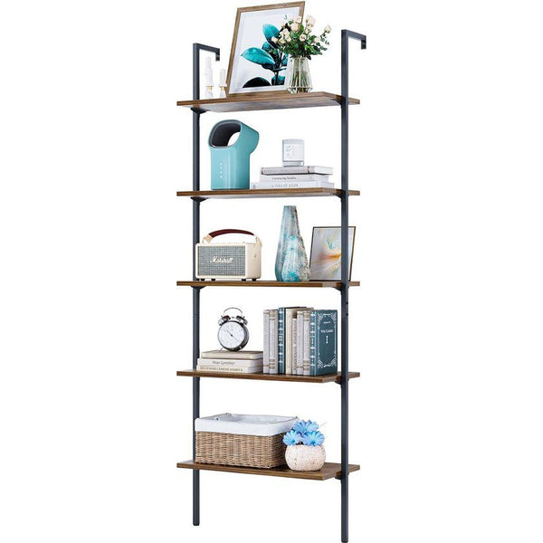 5 niveaus ladderrek, wandgemonteerde boekenkast met metalen frame, open planken voor thuiskantoor, slaapkamer en woonkamer, 50 x 20 x 187,5 cm, vintage bruin