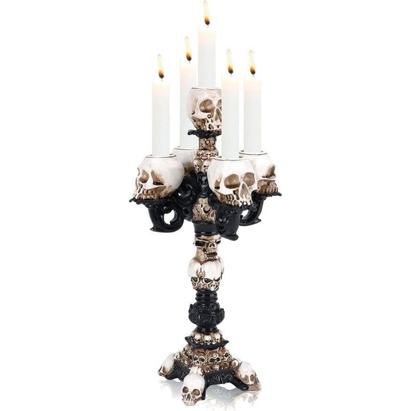 Kaarsenhouder Zwart, Halloween Standbeeld Kaarsenhouder Taper Kaarsen met 3 Armen, Gotische Schedel Hars Ornamenten Decoratie, Schedellamp Vintage Tafeldecoratie voor Woonkamer, Slaapkamer, Keuken (5 Armen)