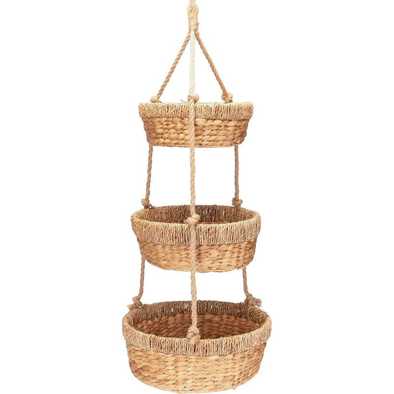 Hangende fruitmand, grote etagère met 3 manden van waterhyacint, fruitrek voor het bewaren van groenten en fruit, hangmand, 34 cm