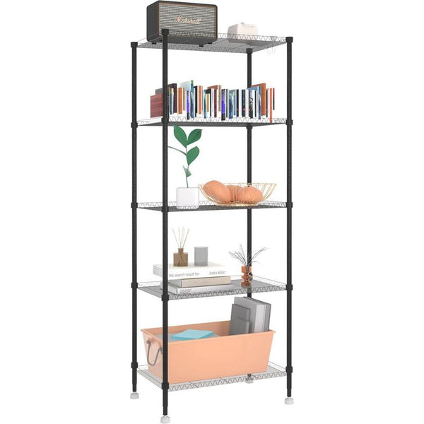 5-laags metalen plank vrijstaand klein opbergrek met 4 haken draadorganisatieplanken voor bijkeuken keuken badkamer kantoor 45x30x120cm (zwart, 5-laags)