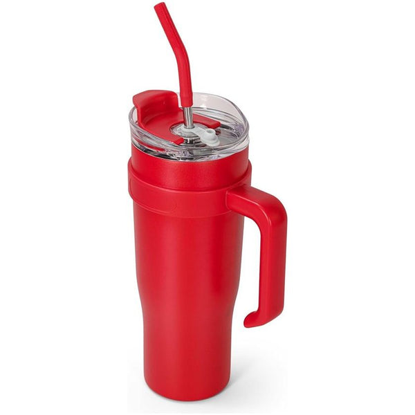 Thermobeker met handvat en rietje, dubbelwandige vacuüm roestvrijstalen isolatiebeker, voor onderweg of kantoor, voor koude warme dranken, 1200 ml, rood