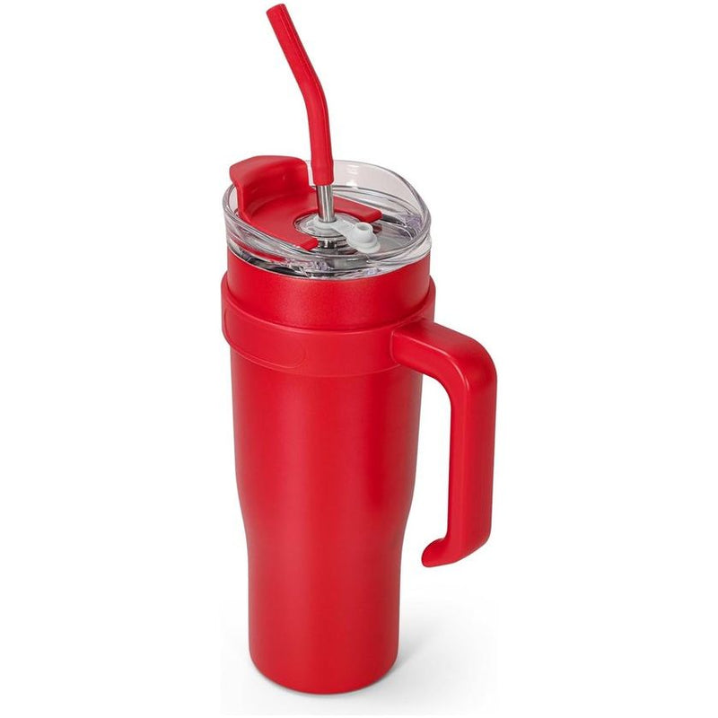 Thermobeker met handvat en rietje, dubbelwandige vacuüm roestvrijstalen isolatiebeker, voor onderweg of kantoor, voor koude warme dranken, 1200 ml, rood