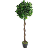 Kunstmatige Topiary Lorbeerboom, gemaakt van gedraaid of geplateerd staal, in een zwarte kunststof pot.