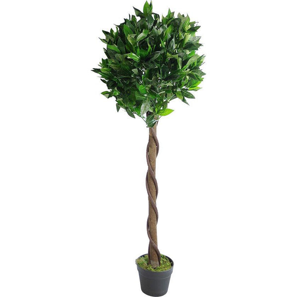 Kunstmatige Topiary Lorbeerboom, gemaakt van gedraaid of geplateerd staal, in een zwarte kunststof pot.