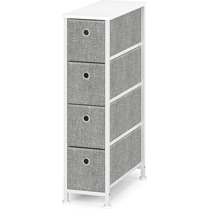 Kast, smalle commode met 4 laden van stof, kasten, organizer, metaal, smal opbergsysteem, ruimtebesparend voor woonkamer, slaapkamer, kantoor, keuken, slaapzaal, hout, staal, wit en grijs