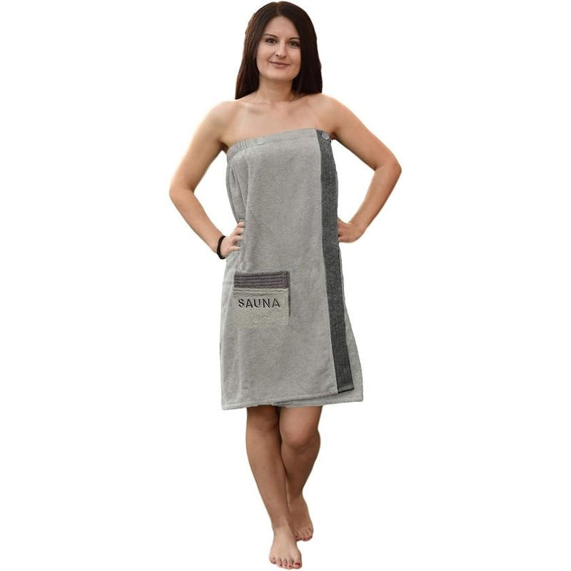 Badstof saunakilt / sarong - maten M - XXL - unisex, antracietgrijs met borduurwerk - 100% katoenen saunakilt / saunasarong / saunahanddoek