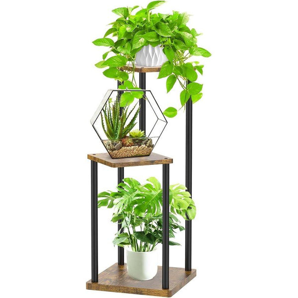 Metalen plantenstandaard met 3 etages, voor binnen, houten plantenstandaard, modern, bloemenrek, display-rek voor woonkamer, slaapkamer, outdoor, balkon, tuin, terras, zwart