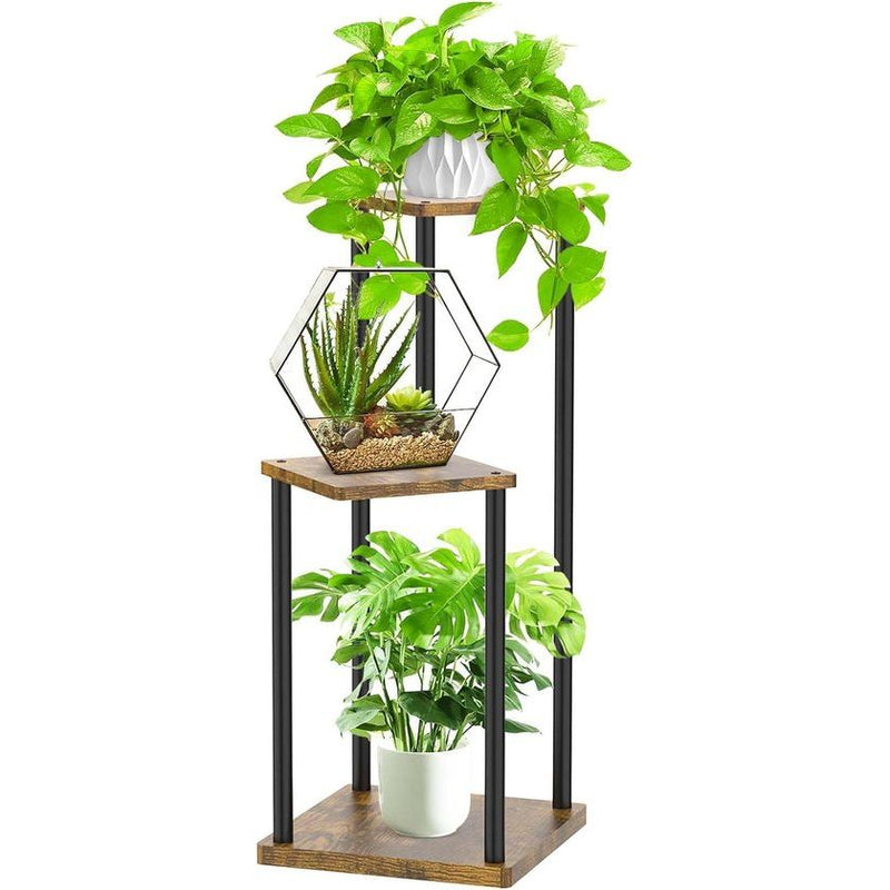 Metalen plantenstandaard met 3 etages, voor binnen, houten plantenstandaard, modern, bloemenrek, display-rek voor woonkamer, slaapkamer, outdoor, balkon, tuin, terras, zwart