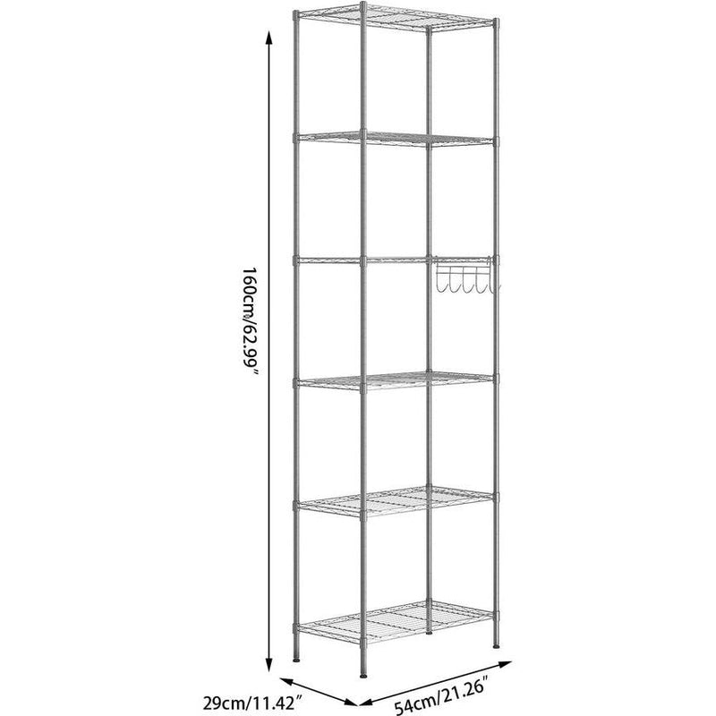 6-laags staande plank metalen plank keukenplank badkamerplank verchroomde plank met zijhaken en verstelbare planken 54 x 29 x 160 cm, zilver