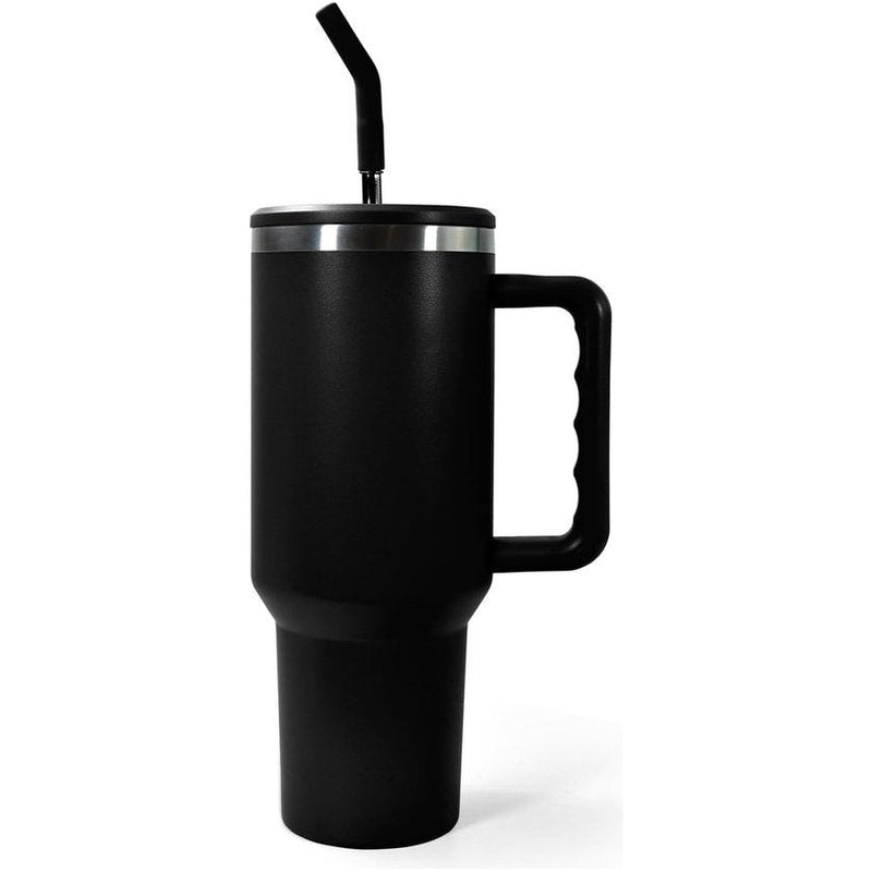 Beker met handvat en rietje, 1200 ml, dubbelwandig, vacuüm, roestvrij staal, draagbare autobeker, reisfles, koffiebeker voor onderweg of kantoor, houdt koffie thee urenlang warm of koud