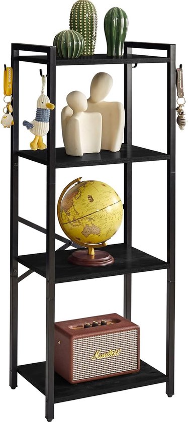 Boekenrek, 4 verdiepingen opbergrek, plantenrek, opbergrek met stalen frame, voor woonkamer, kantoor, werkkamer, hal, industriële stijl, zwart