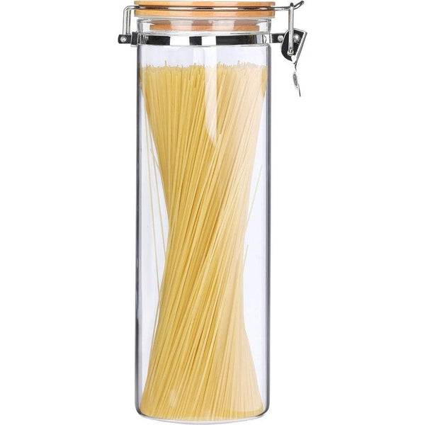 Spaghetti muesli-opslag, keuken, luchtdicht, metalen gesp, voorraadpotten met deksel, hoogwaardig groot borosilicaatglas, koffieblik, glazen houder, houten deksel voor granen, koffiebonen, pasta