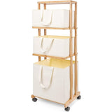 Wasmand van bamboe met wieltjes, wasmand met 4 verdiepingen, badkamerrek met 3 opbergmanden, wasverzamelaar, wasmand voor badkamer, 121 x 34 x 42 cm, 50 kg belastbaar, naturel