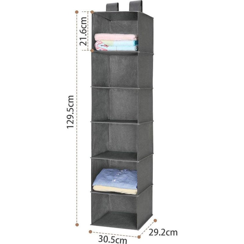 Hangende kledingkast, organizer, hangrek, hangorganizer met 6 brede vakken, hangende stoffen kast, opbergsysteem voor camping, vliesstof, opvouwbaar, grijs stabiel