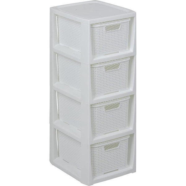 Shelf in Rattan Design, BPA-Free Plastic PP (polypropylene), White, 29.5 x 24 x 64.2 cm, 4 Baskets