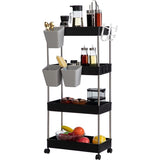 Opbergwagen, keukenwagen, 4-laags rollende wagen met wielen en 3 hangende kopjes, multifunctioneel opbergrek voor keuken, badkamer, slaapkamer, kantoor, zwart