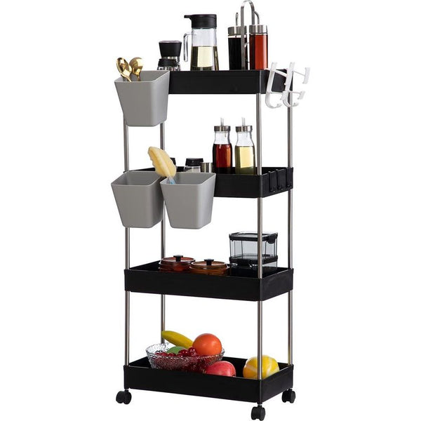 Opbergwagen, keukenwagen, 4-laags rollende wagen met wielen en 3 hangende kopjes, multifunctioneel opbergrek voor keuken, badkamer, slaapkamer, kantoor, zwart