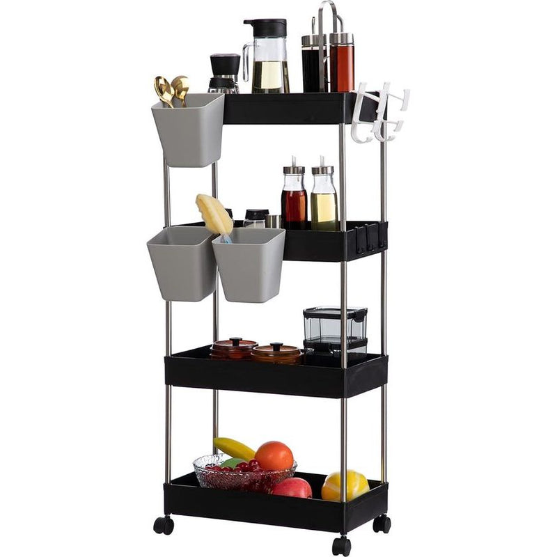 Opbergwagen, keukenwagen, 4-laags rollende wagen met wielen en 3 hangende kopjes, multifunctioneel opbergrek voor keuken, badkamer, slaapkamer, kantoor, zwart