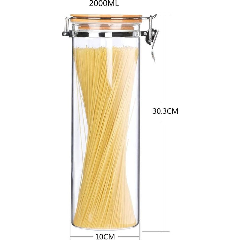 Spaghetti muesli-opslag, keuken, luchtdicht, metalen gesp, voorraadpotten met deksel, hoogwaardig groot borosilicaatglas, koffieblik, glazen houder, houten deksel voor granen, koffiebonen, pasta