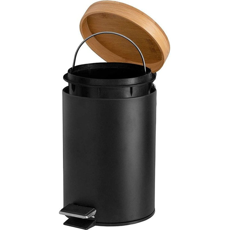 Toiletemmer met deksel van bamboe, pedaalemmer met softclose-mechanisme voor de badkamer, zwart