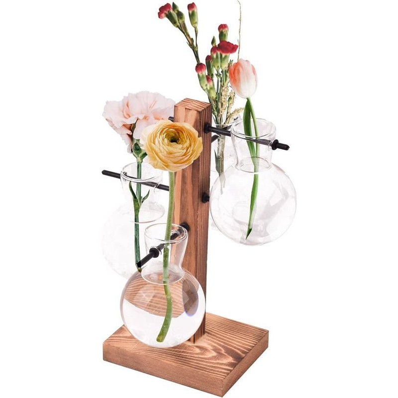 4 glazen plantenterrarium met houten standaard, transparante glazen hydrocultuurvazen, moderne plantenvoortplantingsstation Desktop plantenbak bolvaas voor hydrocultuurplanten, tuindecoratie