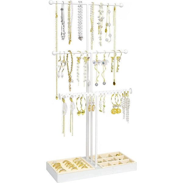 Sieradenstandaard, in hoogte verstelbaar, sieradenhouder, 3 stangen, kettingstandaard, horlogestandaard, oorbelhouder, T-bar, kettinghouder, sieradenopslag met fluwelen dienblad voor kettingen, ringen, oorbellen en armbanden