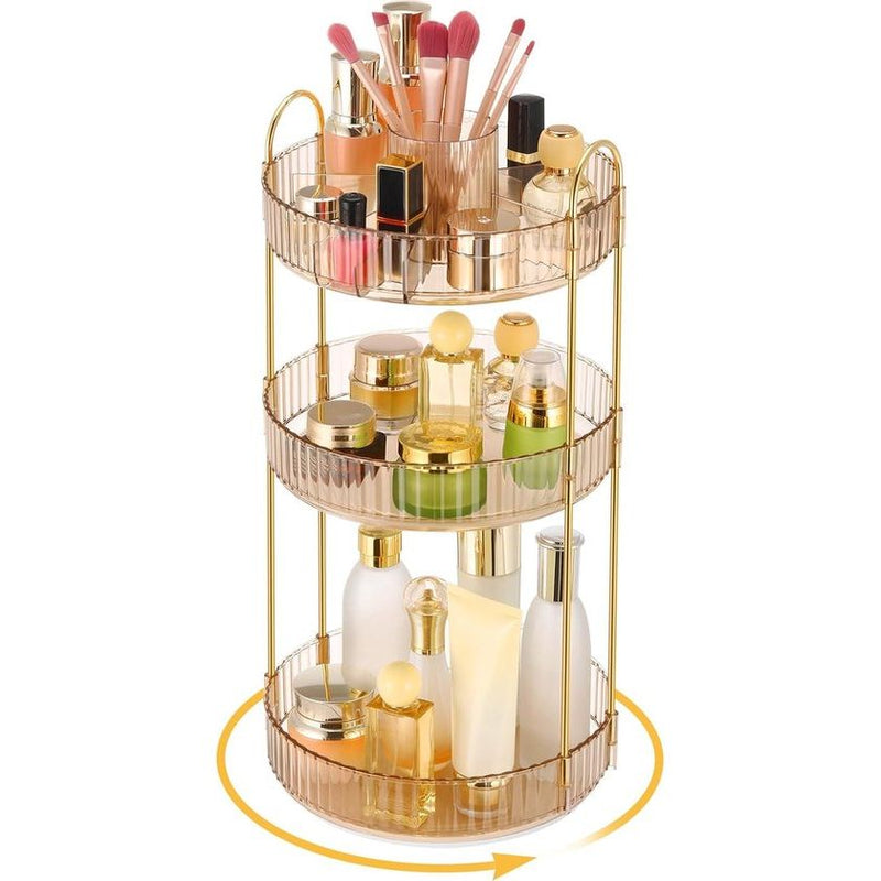 Organizer make-up, 360 graden draaibaar, cosmetica-organizer met vakken, grote capaciteit, multifunctionele organizer, make-up voor make-uptafel, badkamer, slaapkamer (3 lagen, barnsteen)